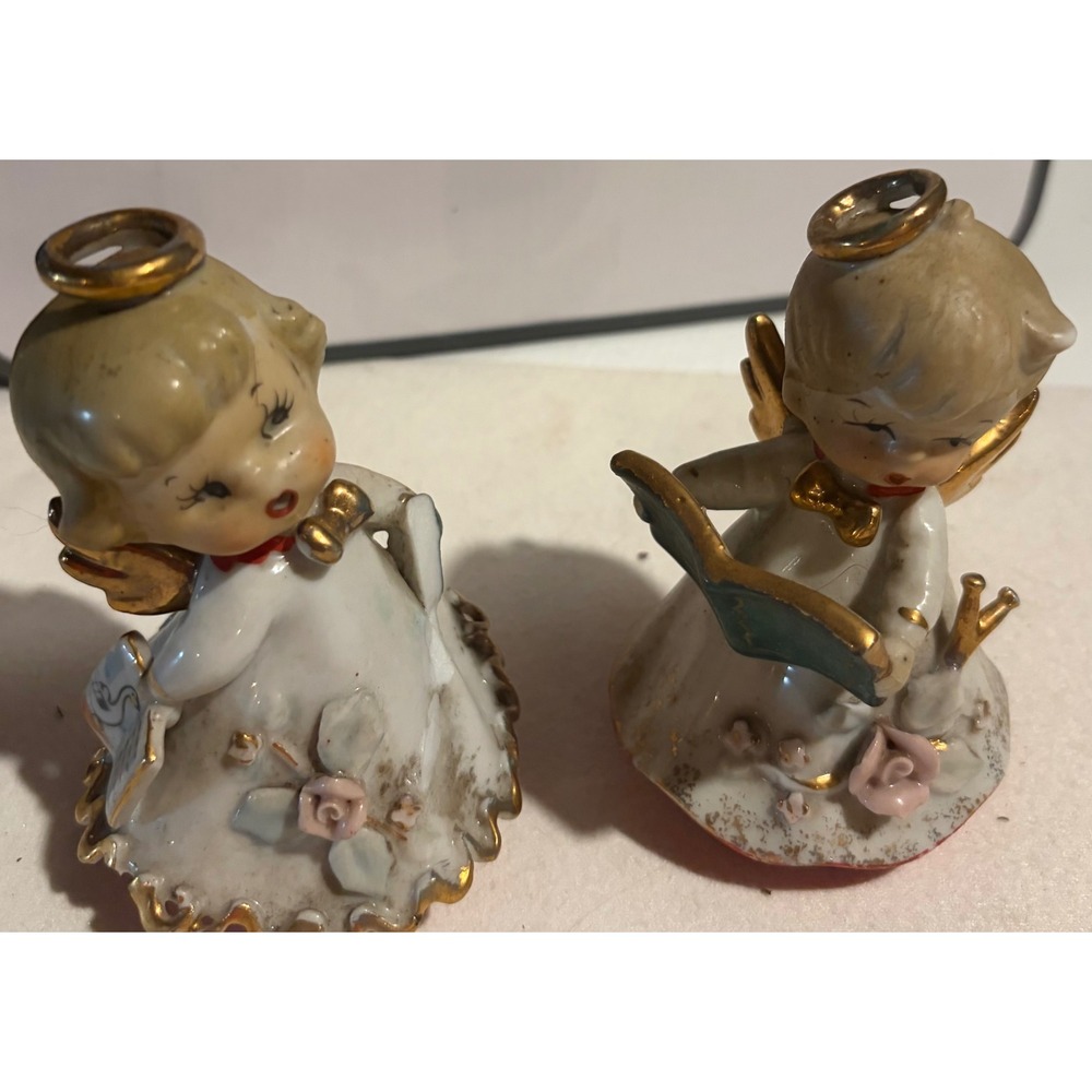 Vintage Lefton Angel Bell Figurines Set of 2 Porcelain Gold Trim Pink Rose 3.25"